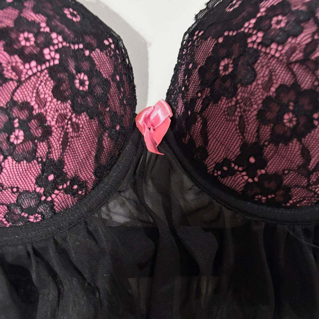 h&m eur 38 black and pink lace babydoll top vintage y2k 2000s mcbling
